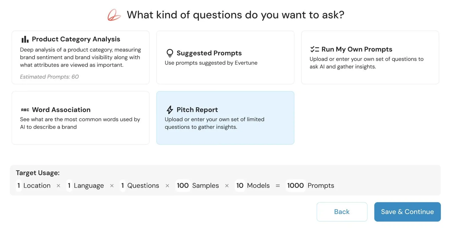 The old New Tracker screen asking what kind of questions you want to ask, with five options: Product Category Analysis, Suggested Prompts, Run My Own Prompts, Word Association and Pitch Report.