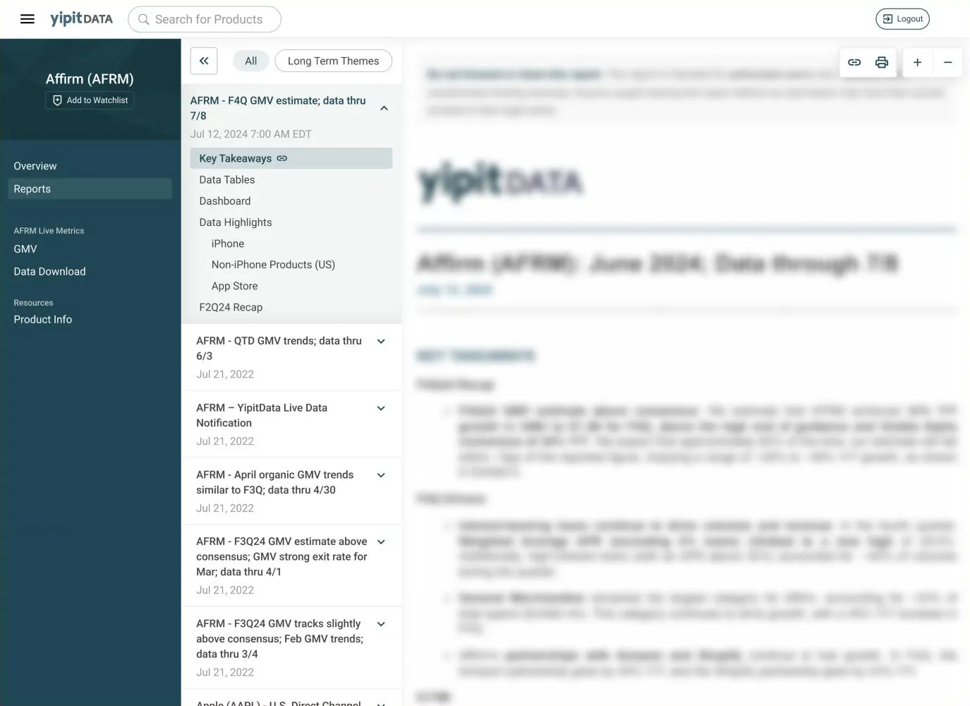 Reading a report: an outline of sections beside the report, with tools to share a link, print and zoom.